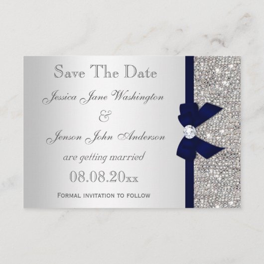 Navy Imitats Bow & Diamonds Silver Save the Date (Rückseite)