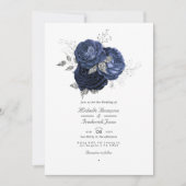 Navy & Imitats Glitzer Silver Floral QR Code Hochz Einladung (Vorderseite)