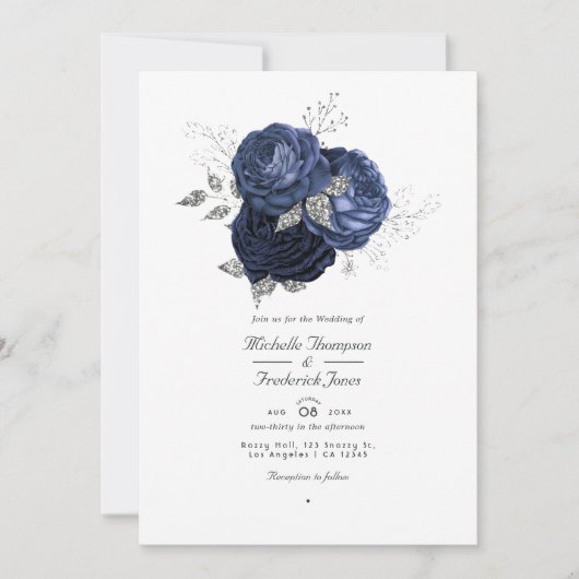 Navy & Imitats Glitzer Silver Floral QR Code Hochz Einladung (Vorderseite)