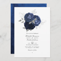 Navy & Imitats Glitzer Silver Floral QR Code Hochz
