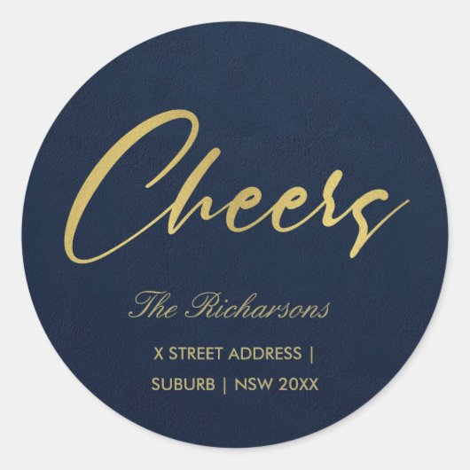 NAVY IMITATS GOLD MINIMAL CALLIGRAPHY CHEERS ADRES RUNDER AUFKLEBER (Vorderseite)