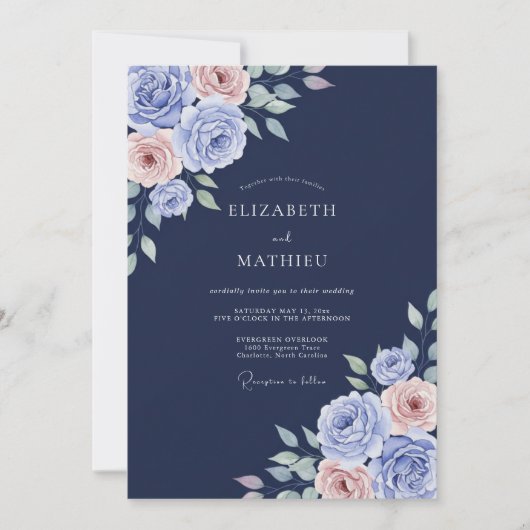 Navy Immergrün-Rosen-Hochzeit Einladung (Vorderseite)
