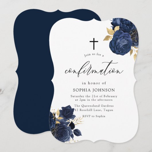 Navy Indigo Blue Floral Gold Leaf Bestätigung IV Einladung (Vorne/Hinten)