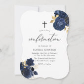 Navy Indigo Blue Floral Gold Leaf Bestätigung IV Einladung (Vorderseite)