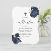 Navy Indigo Blue Floral Gold Leaf Bestätigung IV Einladung (Stehend Vorderseite)