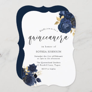 Navy Indigo Blue Floral Gold Leaf Quinceanera Einladung