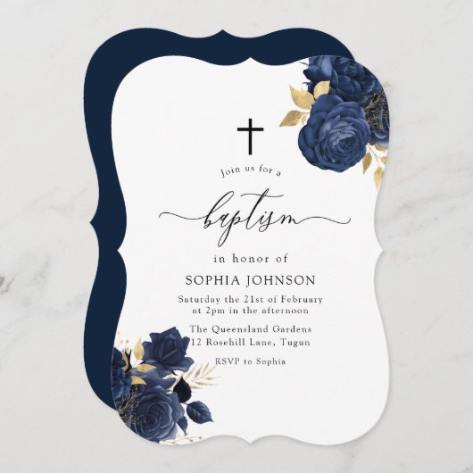 Navy Indigo Blue Floral Gold Leaf Taufe Einladung (Vorne/Hinten)