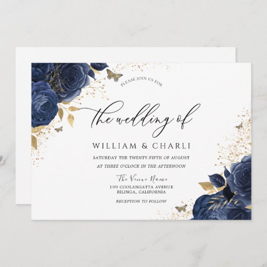 Navy Indigo Blue Flowers Butterfly Wedding Einladung (Vorne/Hinten)