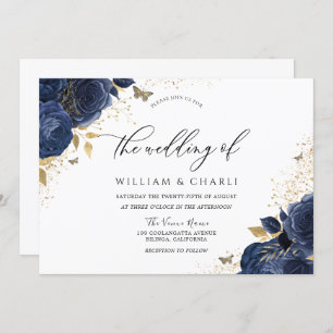 Navy Indigo Blue Flowers Butterfly Wedding Einladung
