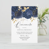 Navy Indigo Blue & Gold Floral Quinceanera Party Einladung (Stehend Vorderseite)