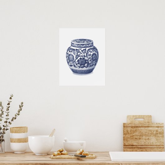 Navy Indigo Blue Hübsch Floral Ginger Jar Muster Poster (Küche)