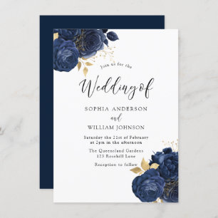 Navy Indigo Blume Elegante All Seasons Wedding Einladung