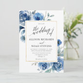 Navy Indigo Blumen Moderne elegante Hochzeit Einladung (Stehend Vorderseite)