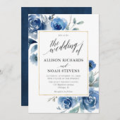 Navy Indigo Blumen Moderne elegante Hochzeit Einladung (Vorne/Hinten)