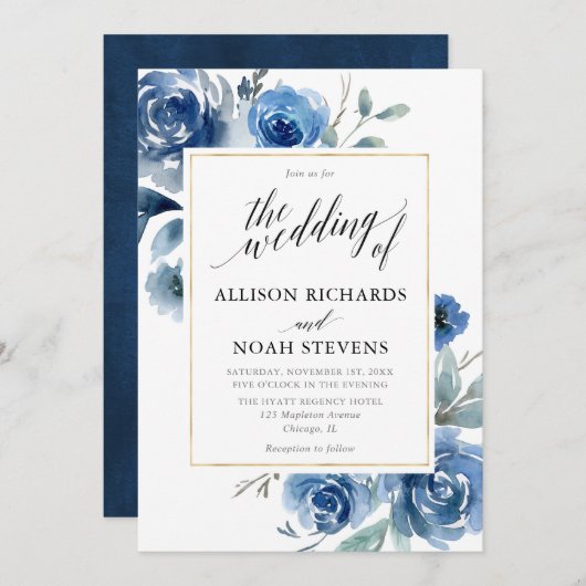 Navy Indigo Blumen Moderne elegante Hochzeit Einladung (Vorne/Hinten)