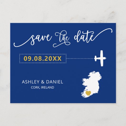 Navy Ireland Wedding Save the Date Map Postkarte (Vorderseite)