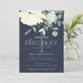 NAVY IVORY WHITE AQUA FLORAL ERSTER HOLY COMMUNION EINLADUNG (Stehend Vorderseite)