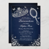 Navy Jewel Tiara Mirror Butterfly Quinceanera Einladung (Vorne/Hinten)