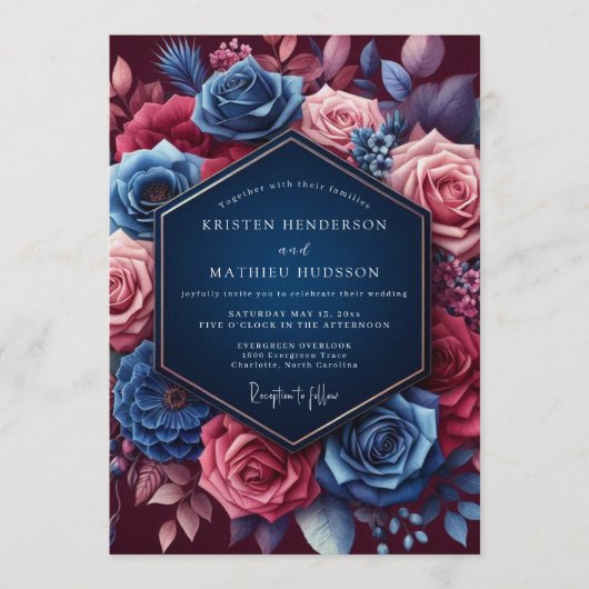 Navy Jeweled Bloom Wedding Einladung (Vorderseite)