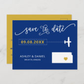 Navy Kansas Wedding Save the Date Map Postcard Postkarte (Vorne/Hinten)