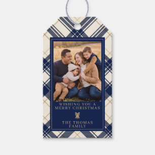 Navy-Karo-Frohe-Weihnachten-Familienfoto Geschenkanhänger