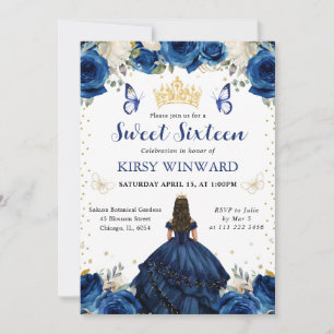 Navy Kleid Braunhaarige Prinzessin Sweet 16 Einlad Einladung