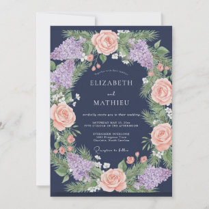 Navy-Koralle-Flieder-Eukalyptus-Hochzeit Einladung