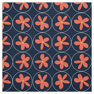 Navy Korallen Blumenfliesen Popeline Stoff
