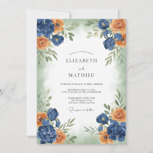 Navy-Korallen-Malerei-Bloom-Hochzeit Einladung