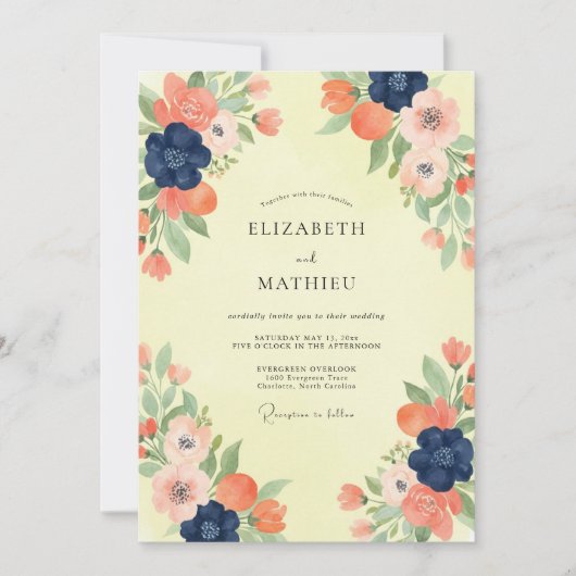 Navy-Korallen-Mohn-Hochzeit Einladung (Vorderseite)