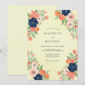Navy-Korallen-Mohn-Hochzeit Einladung (Vorne/Hinten)