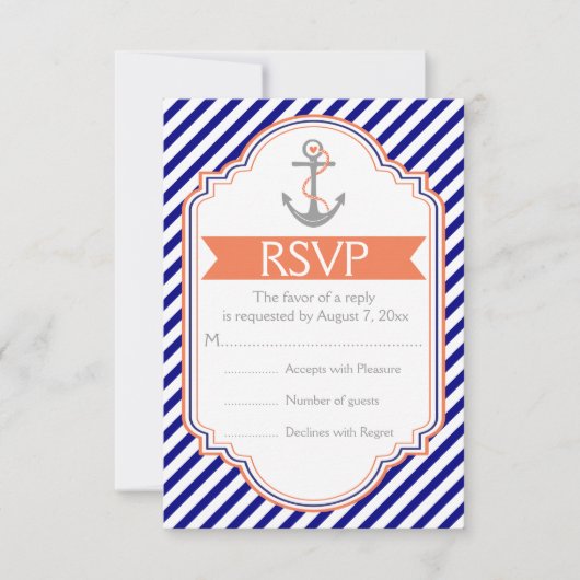 Navy, Korallenanker nautische Hochzeit RSVP (Vorderseite)