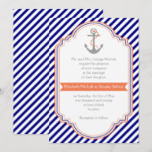Navy, Korallenanker & Streifen Hochzeit Einladung (Vorne/Hinten)