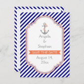 Navy, Korallenhochzeit Sichern Sie das Datum Ankündigungspostkarte (Vorne/Hinten)