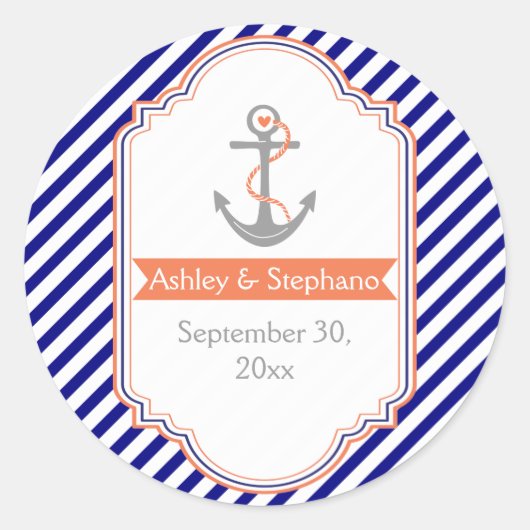 Navy, Korallenhochzeit Sichern Sie das Datum Runder Aufkleber (Vorderseite)