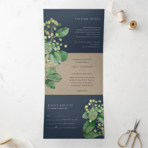 NAVY KRAFT BERRY LEAFY FOLIAGE GREENERY WEDY DREIFACH GEFALTETE EINLADUNG