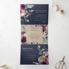 NAVY KRAFT LILA LILAC FLORAL WATERCOLOR WEDD DREIFACH GEFALTETE EINLADUNG
