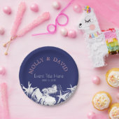 Navy Künstlerisch Beach Seashells Personalisiertes Pappteller (Party)