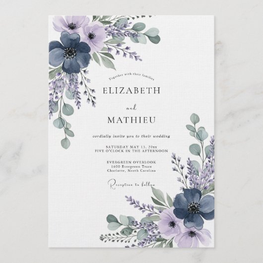 Navy Lavender Ethereal Bloom Wedding Einladung (Vorderseite)