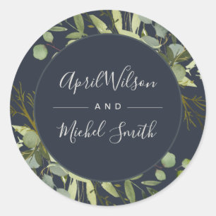 NAVY LEAFY GREEN GOLD FOLIAGE WATERCOLOR WEDD RUNDER AUFKLEBER
