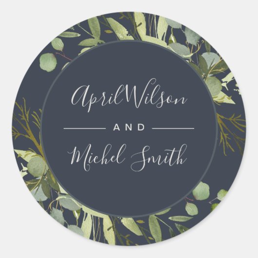 NAVY LEAFY GREEN GOLD FOLIAGE WATERCOLOR WEDD RUNDER AUFKLEBER (Vorderseite)