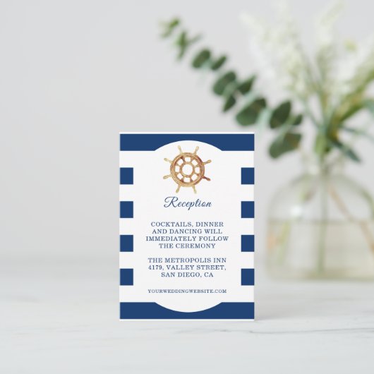 Navy Lenkrad Nautical Wedding Reception Begleitkarte (Stehend Vorderseite)
