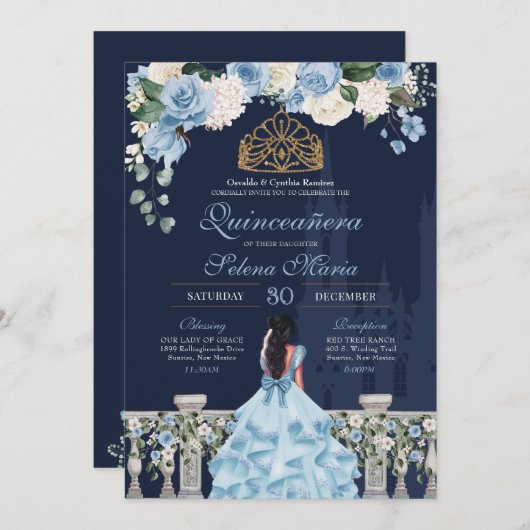Navy & Light Blue Ainderella Princess Quinceañera Einladung (Vorne/Hinten)