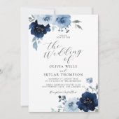 Navy Light Blue Dusty Elegant Floral Wedding Invit Einladung (Vorderseite)