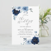 Navy Light Blue Dusty Elegant Floral Wedding Invit Einladung (Stehend Vorderseite)