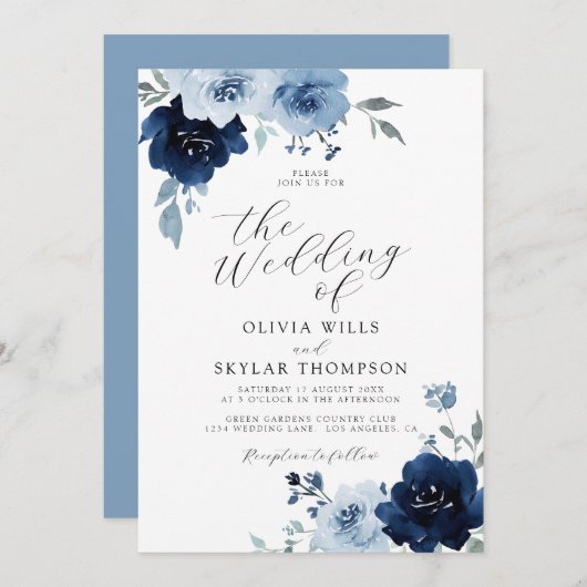 Navy Light Blue Dusty Elegant Floral Wedding Invit Einladung (Vorne/Hinten)