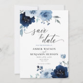 Navy Light Blue Dusty Floral Elegant Save the Date Einladung (Vorderseite)
