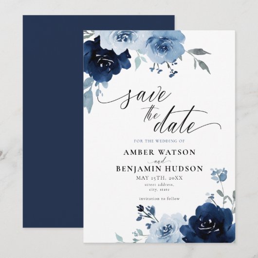 Navy Light Blue Dusty Floral Elegant Save the Date Einladung (Vorne/Hinten)