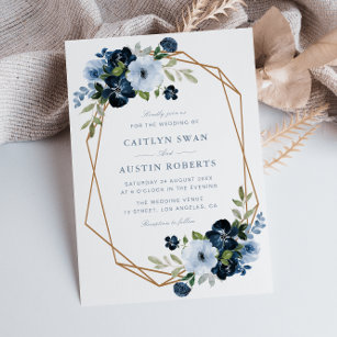 Navy & light blue floral geometric wedding einladung
