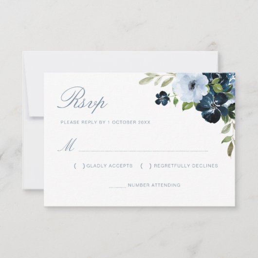 navy & light blue floral wedding rsvp card karte (Vorderseite)